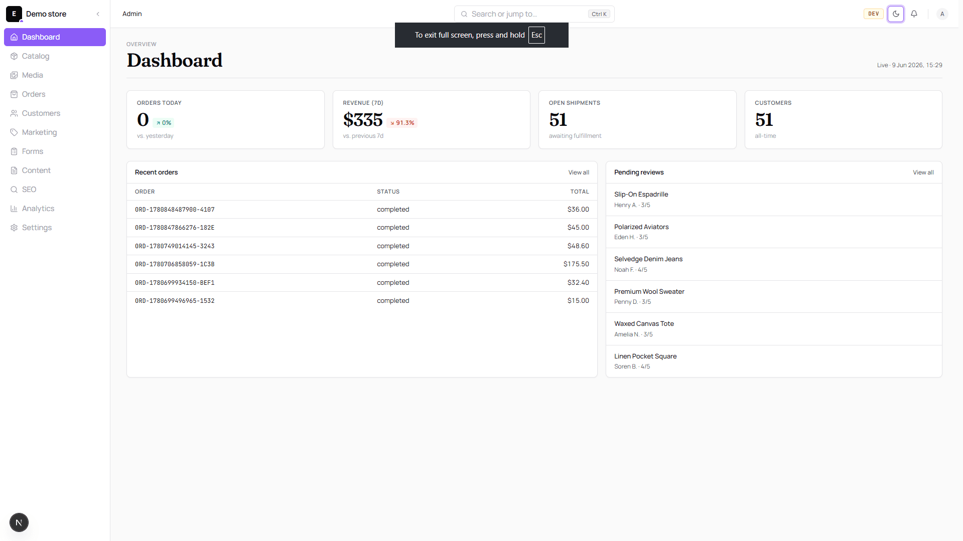 The operator dashboard showing live KPIs, recent orders and pending reviews.