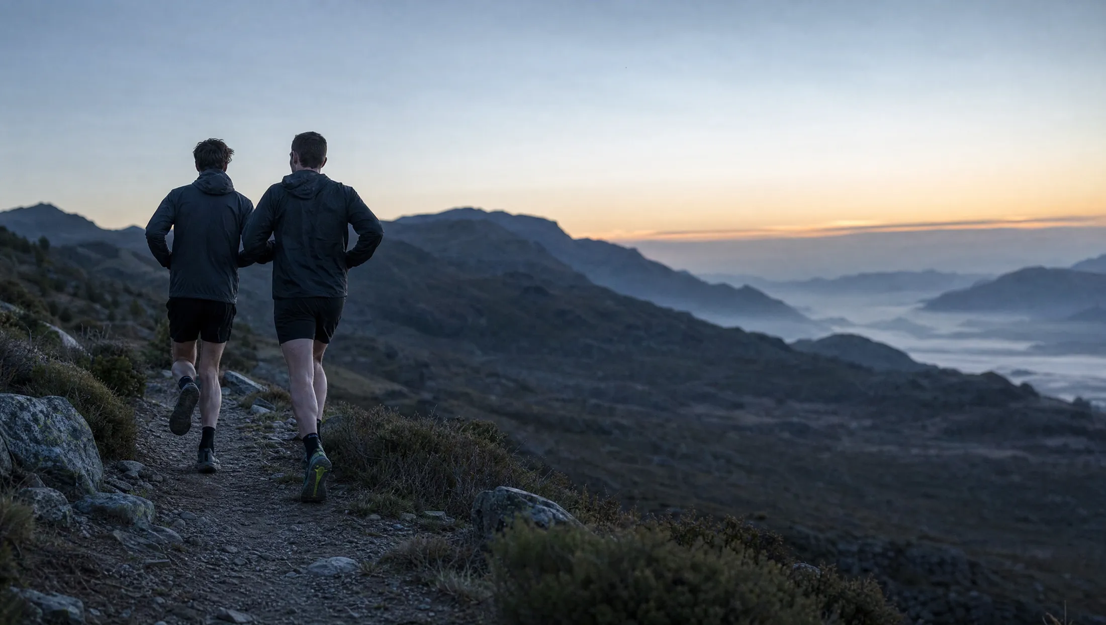 Two runners on a trail at first light, running easy side by side.